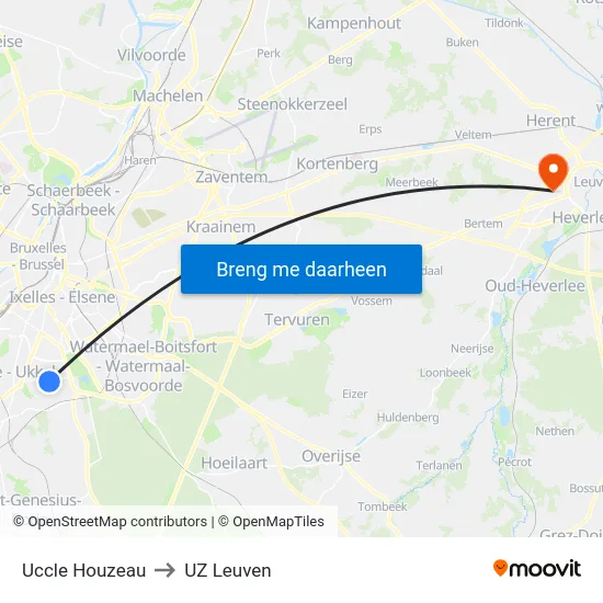 Uccle Houzeau to UZ Leuven map