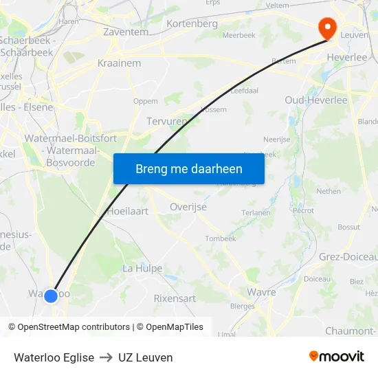 Waterloo Eglise to UZ Leuven map