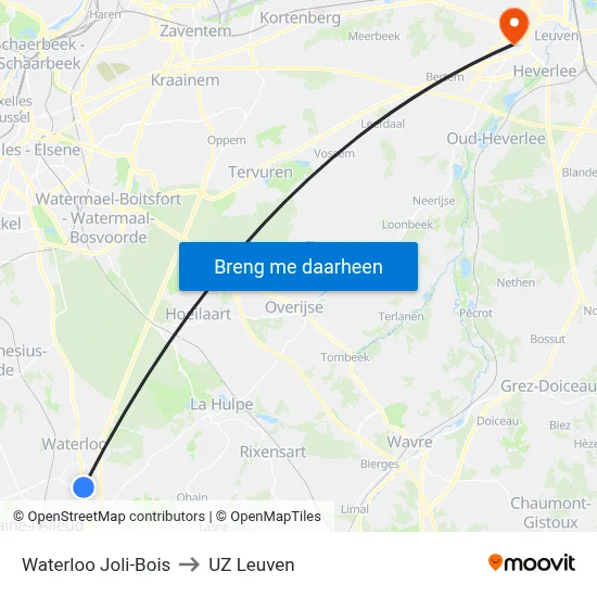 Waterloo Joli-Bois to UZ Leuven map