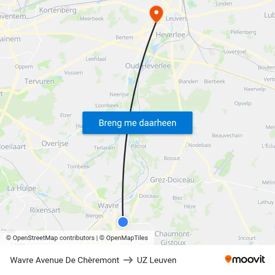 Wavre Avenue De Chèremont to UZ Leuven map