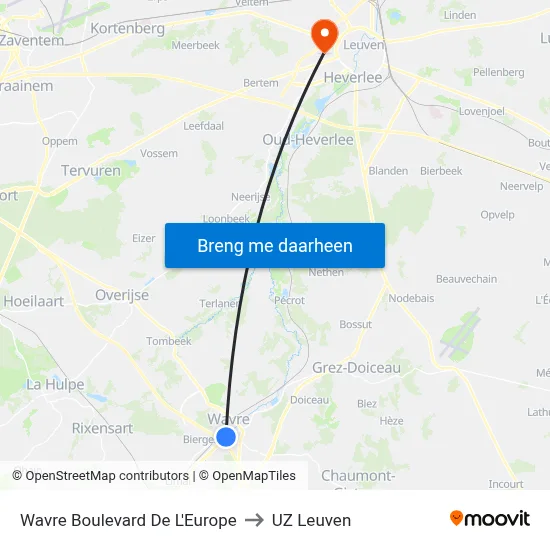 Wavre Boulevard De L'Europe to UZ Leuven map