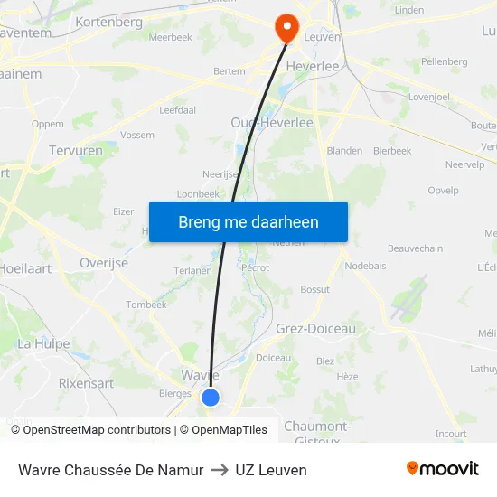 Wavre Chaussée De Namur to UZ Leuven map