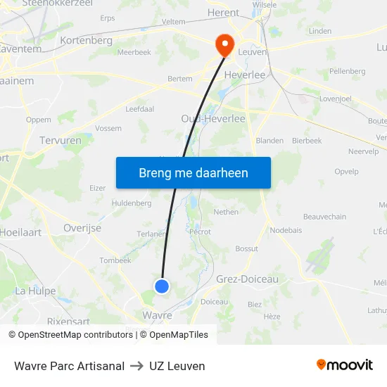 Wavre Parc Artisanal to UZ Leuven map