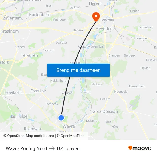 Wavre Zoning Nord to UZ Leuven map