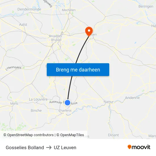 Gosselies Bolland to UZ Leuven map