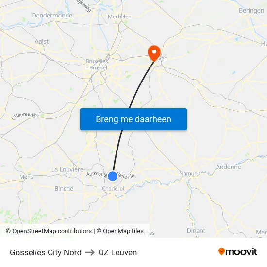 Gosselies City Nord to UZ Leuven map