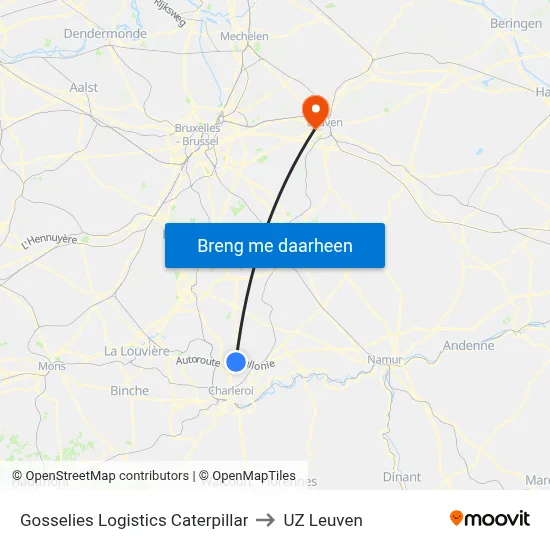 Gosselies Logistics Caterpillar to UZ Leuven map