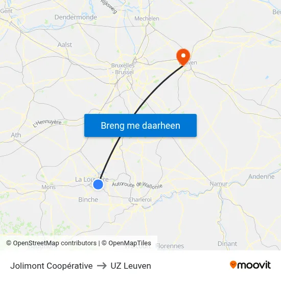 Jolimont Coopérative to UZ Leuven map