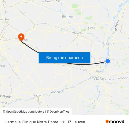 Hermalle Clinique Notre-Dame to UZ Leuven map