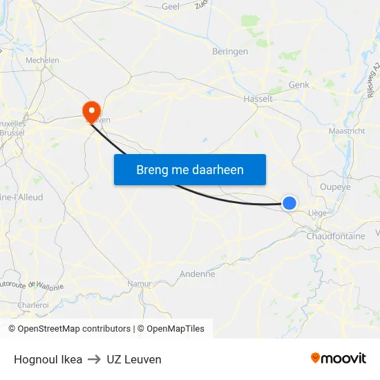 Hognoul Ikea to UZ Leuven map