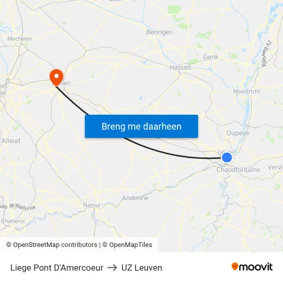 Liege Pont D'Amercoeur to UZ Leuven map