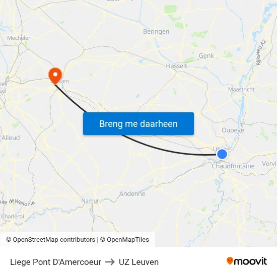 Liege Pont D'Amercoeur to UZ Leuven map