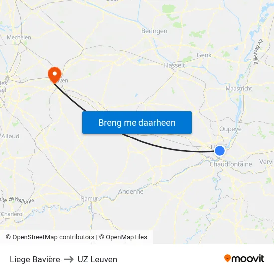 Liege Bavière to UZ Leuven map