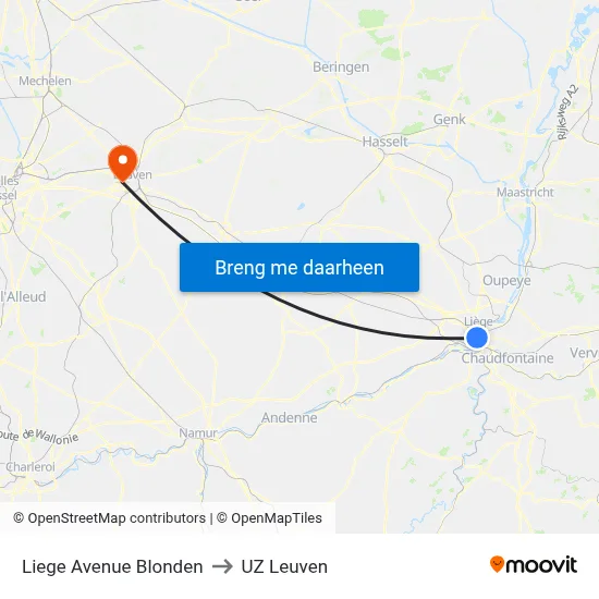 Liege Avenue Blonden to UZ Leuven map