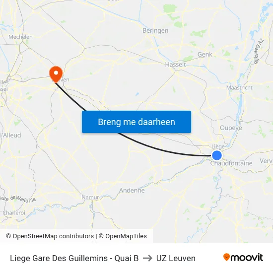 Liege Gare Des Guillemins - Quai B to UZ Leuven map