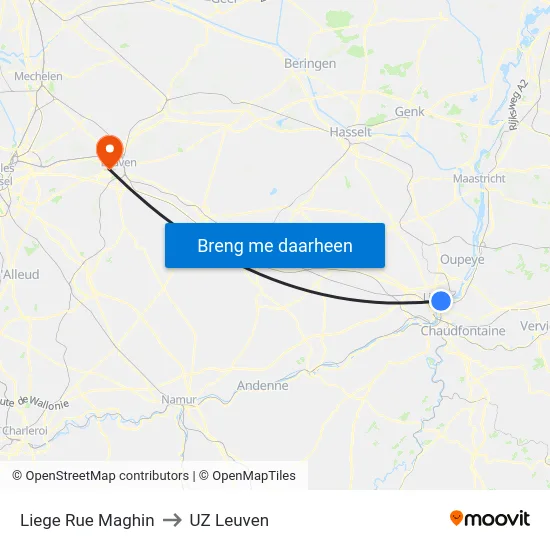 Liege Rue Maghin to UZ Leuven map