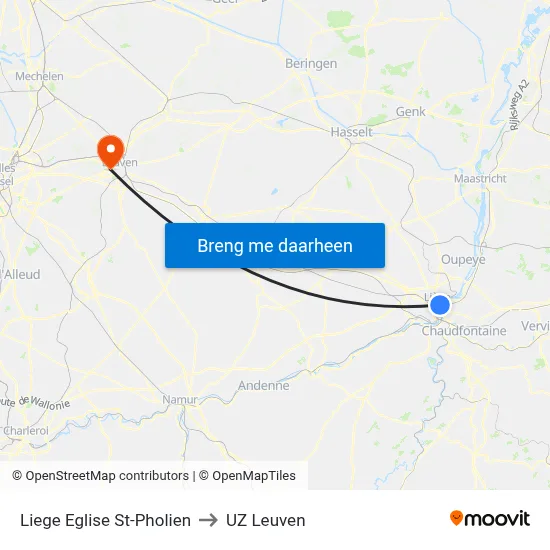 Liege Eglise St-Pholien to UZ Leuven map