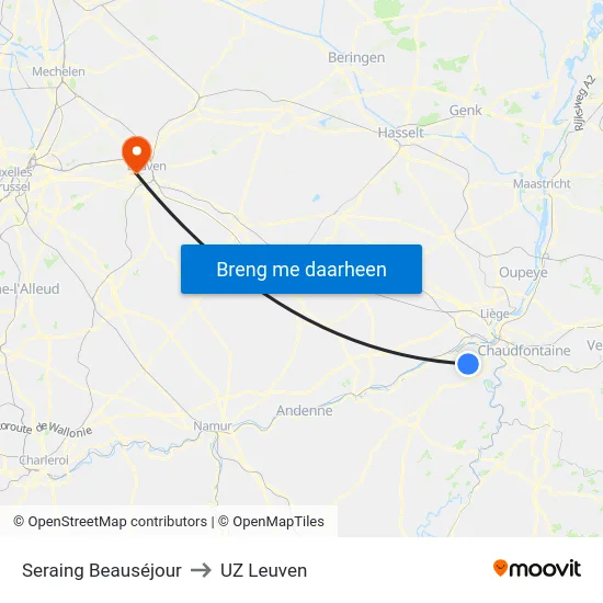 Seraing Beauséjour to UZ Leuven map