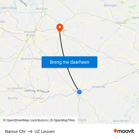 Namur Chr to UZ Leuven map