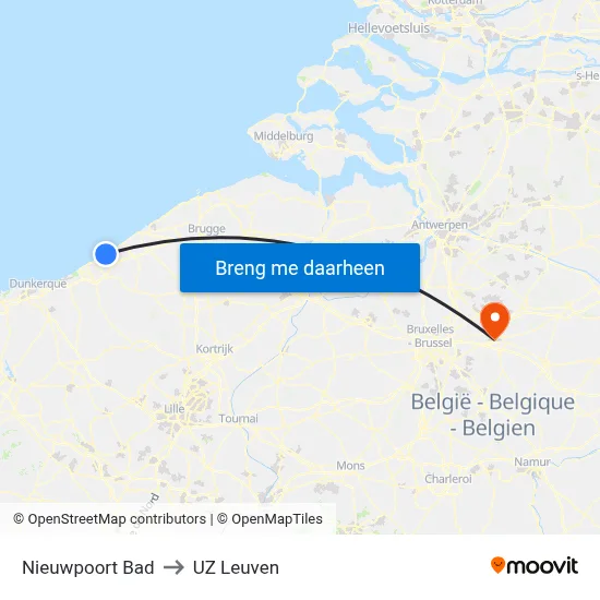 Nieuwpoort Bad to UZ Leuven map