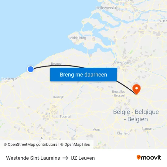 Westende Sint-Laureins to UZ Leuven map