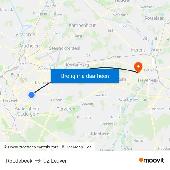 Roodebeek to UZ Leuven map