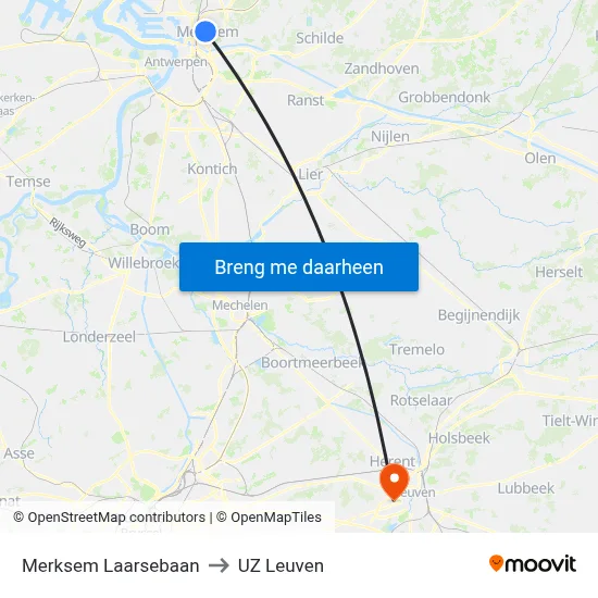 Merksem Laarsebaan to UZ Leuven map