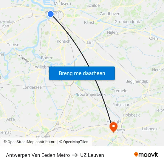 Antwerpen Van Eeden Metro to UZ Leuven map