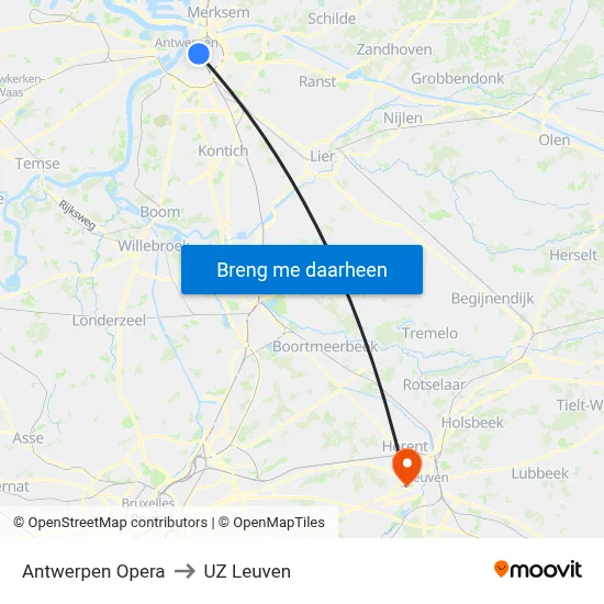 Antwerpen Opera to UZ Leuven map