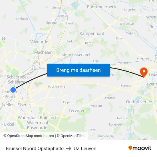Brussel Noord Opstaphalte to UZ Leuven map