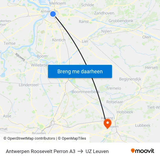 Antwerpen Roosevelt Perron A3 to UZ Leuven map