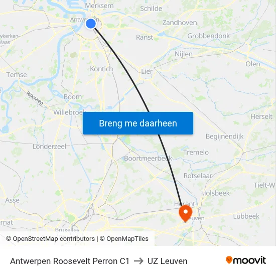 Antwerpen Roosevelt Perron C1 to UZ Leuven map