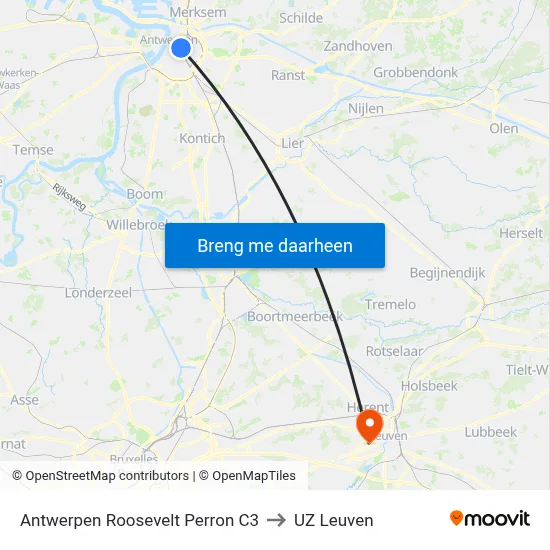 Antwerpen Roosevelt Perron C3 to UZ Leuven map