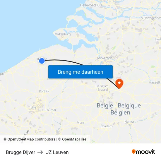 Brugge Dijver to UZ Leuven map