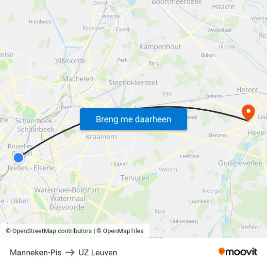 Manneken-Pis to UZ Leuven map