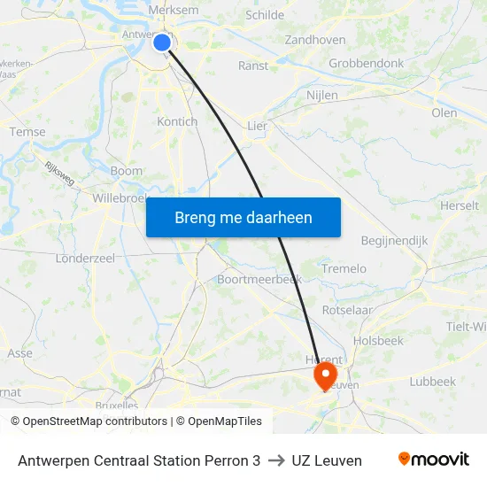 Antwerpen Centraal Station Perron 3 to UZ Leuven map
