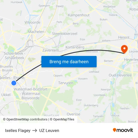 Ixelles Flagey to UZ Leuven map