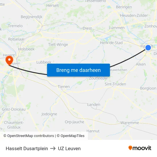 Hasselt Dusartplein to UZ Leuven map