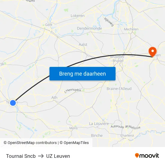 Tournai Sncb to UZ Leuven map