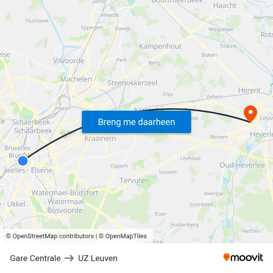 Gare Centrale to UZ Leuven map