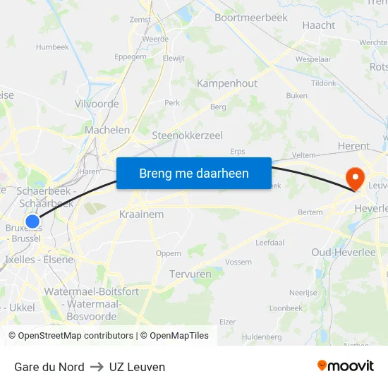 Gare du Nord to UZ Leuven map
