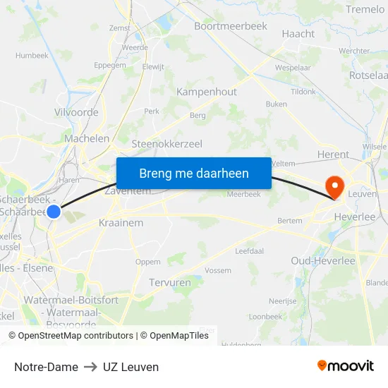 Notre-Dame to UZ Leuven map