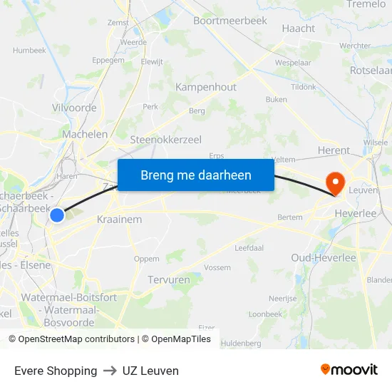 Evere Shopping to UZ Leuven map
