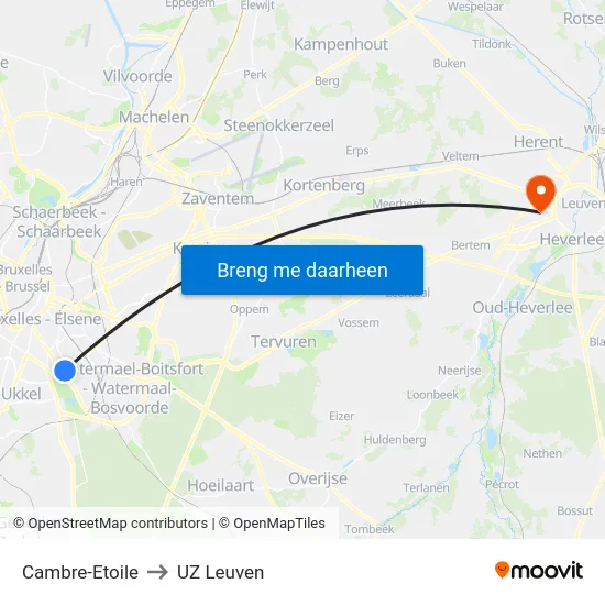 Cambre-Etoile to UZ Leuven map