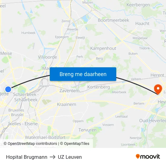 Hopital Brugmann to UZ Leuven map