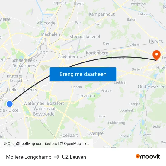 Moliere-Longchamp to UZ Leuven map