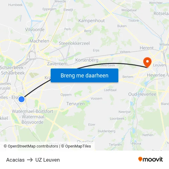 Acacias to UZ Leuven map