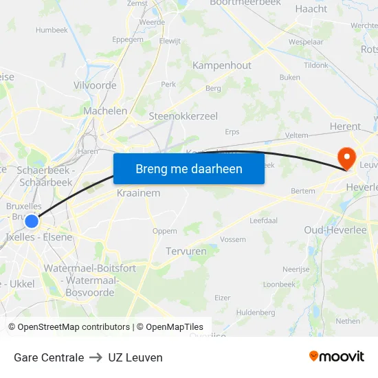 Gare Centrale to UZ Leuven map