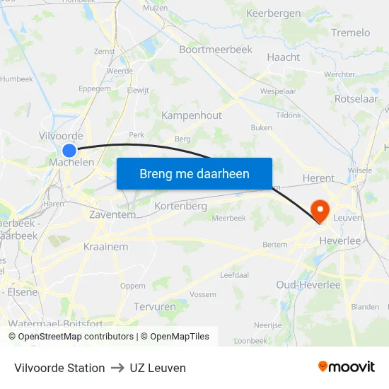 Vilvoorde Station to UZ Leuven map