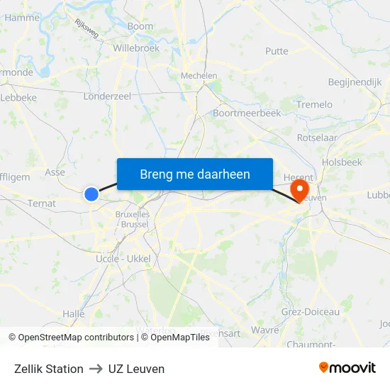 Zellik Station to UZ Leuven map